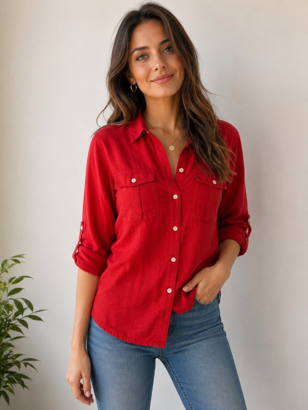 Lauren Ralph Lauren Red Cotton Silk Utility Button Shirt M